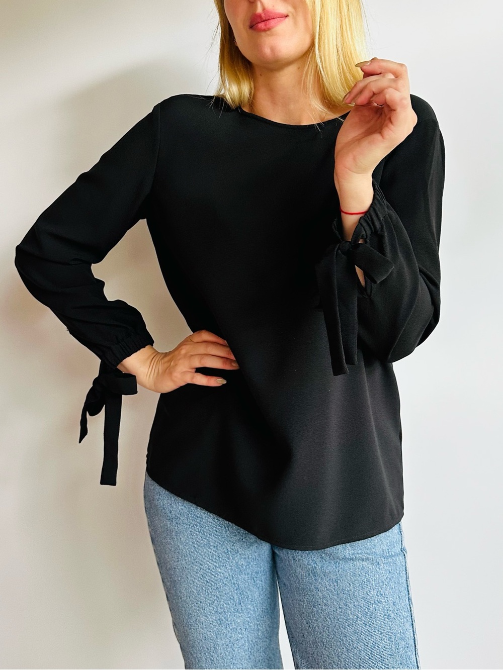 Emporio Armani Black Blouse Tie Cuff Long Sleeve Minimalist Designer Top Elegant